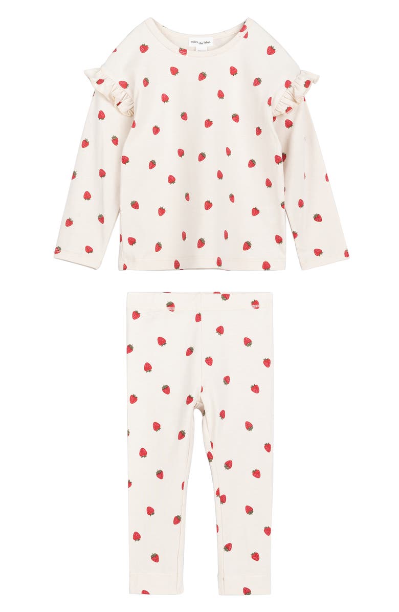 MILES THE LABEL Strawberry Print Cotton French Terry Ruffle Sweatshirt & Leggings Set, Main, color, 