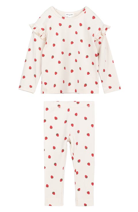 Strawberry Print Cotton French Terry Ruffle Sweatshirt & Leggings Set (Baby)