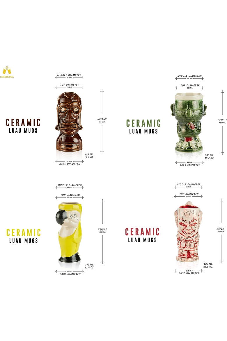 Ceramic Hawaiian Luau Tiki Mugs - Set of 4, Alternate, color, Multicolor