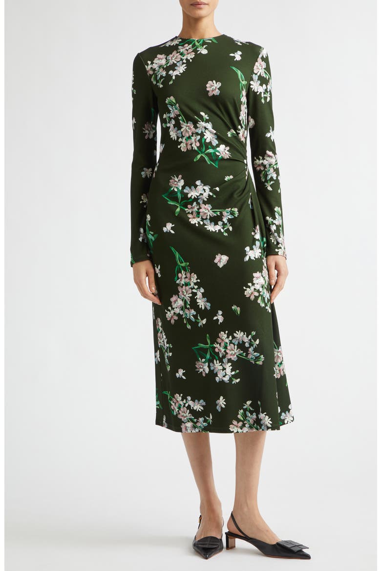 Floral Long Sleeve Ponte Midi Dress, Main, color, PAINTED ORCHID FOREST GREEN