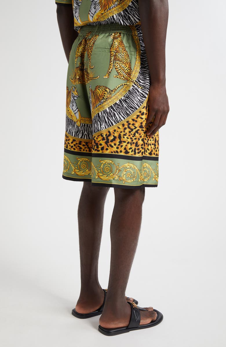 Versace Wild Cats Print Silk Twill Shorts, Alternate, color, Green Black