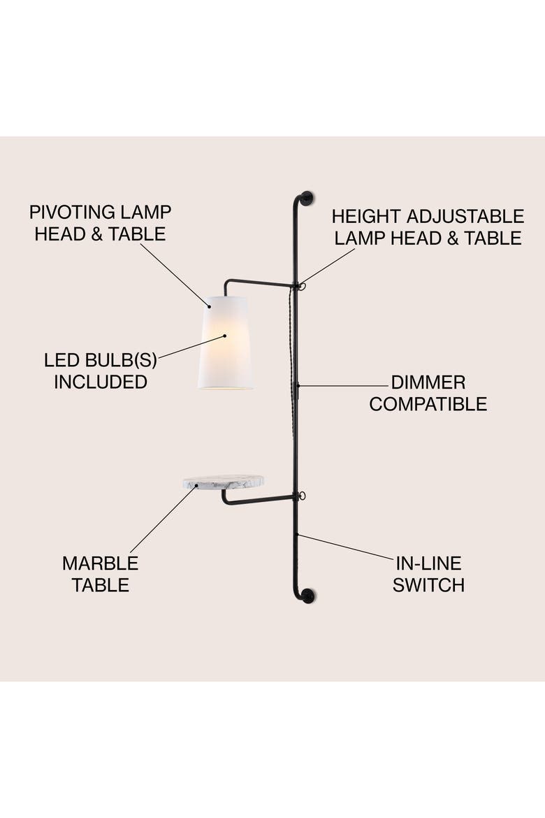 Andre 1-Light Contemporary Industrial Iron Plug-In with Adjustable White Marble Table LED Sconce, Alternate, color, Black