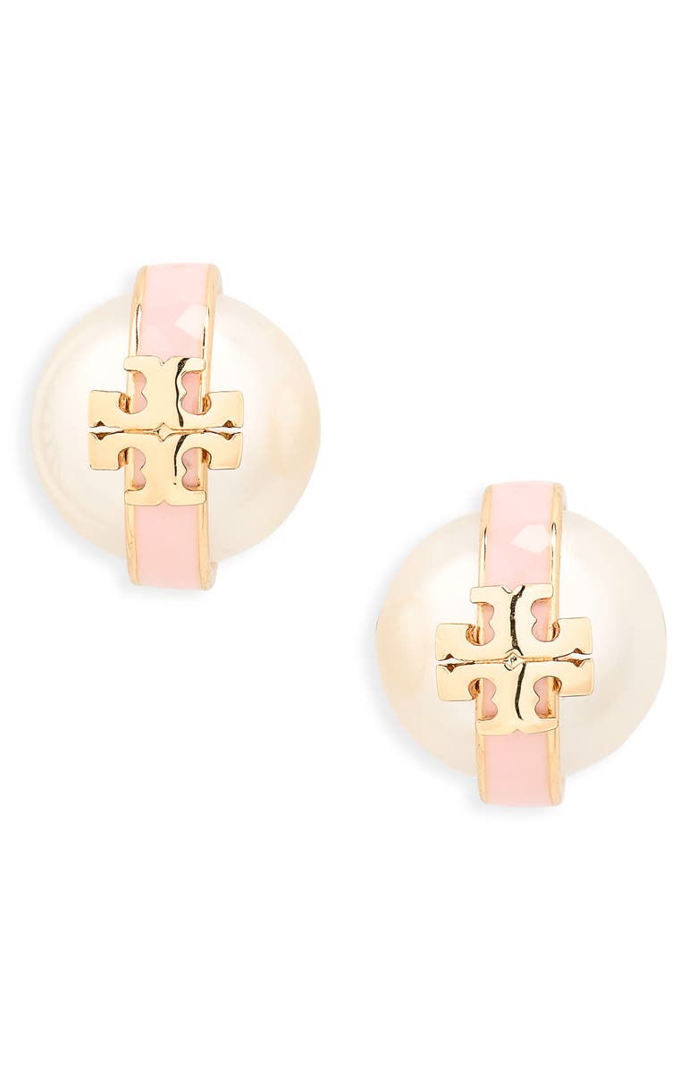 Tory Burch Moondance Faux Pearl Stud Earrings, Main, color, Light Brass / Pearl / Pink