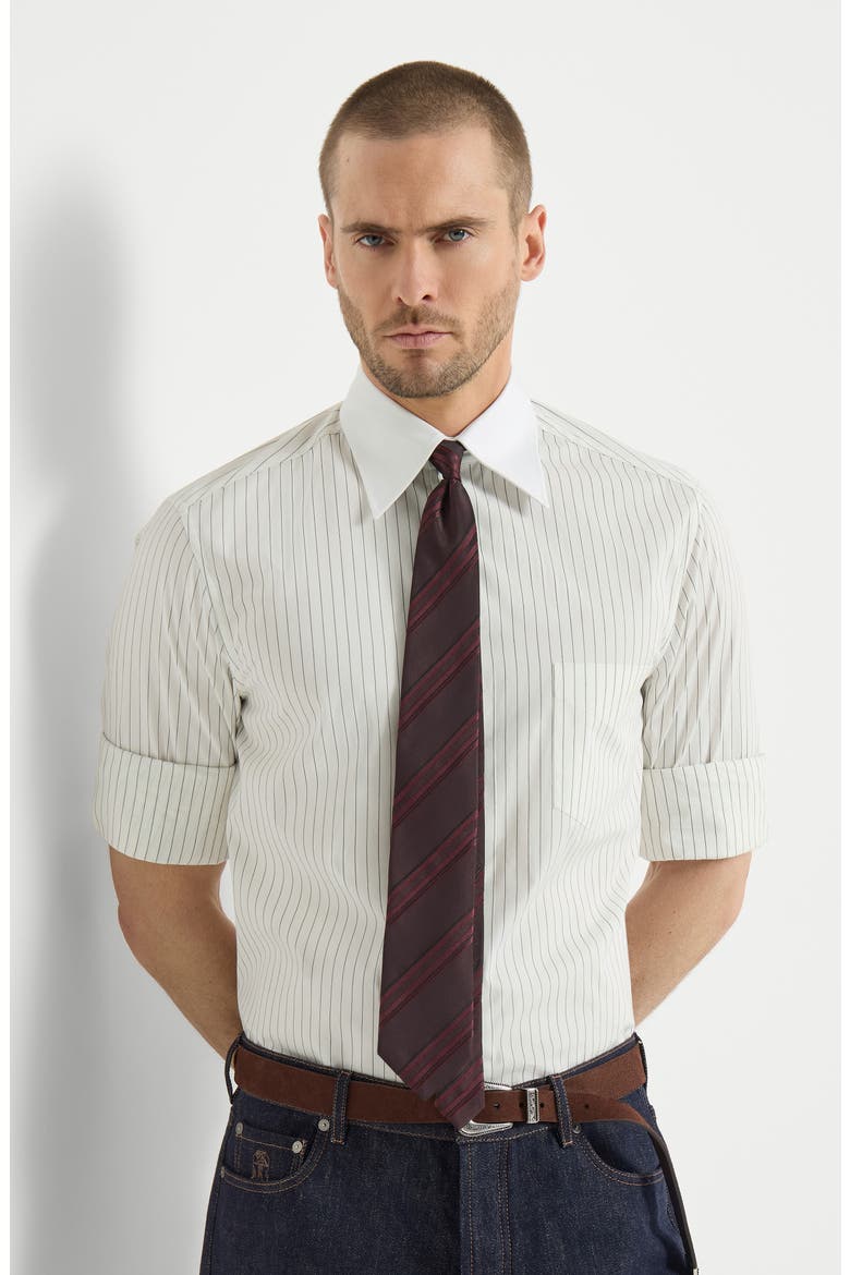 Striped cotton and silk shirt with contrast Italian collar and cuffs, Alternate, color, White
