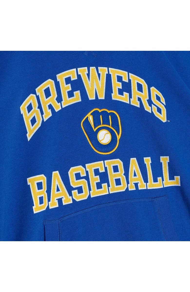 Mitchell & Ness Men's Mitchell & Ness Royal Milwaukee Brewers Cooperstown Collection Washed Fleece Pullover Short Sleeve Hoodie, Alternate, color, 
