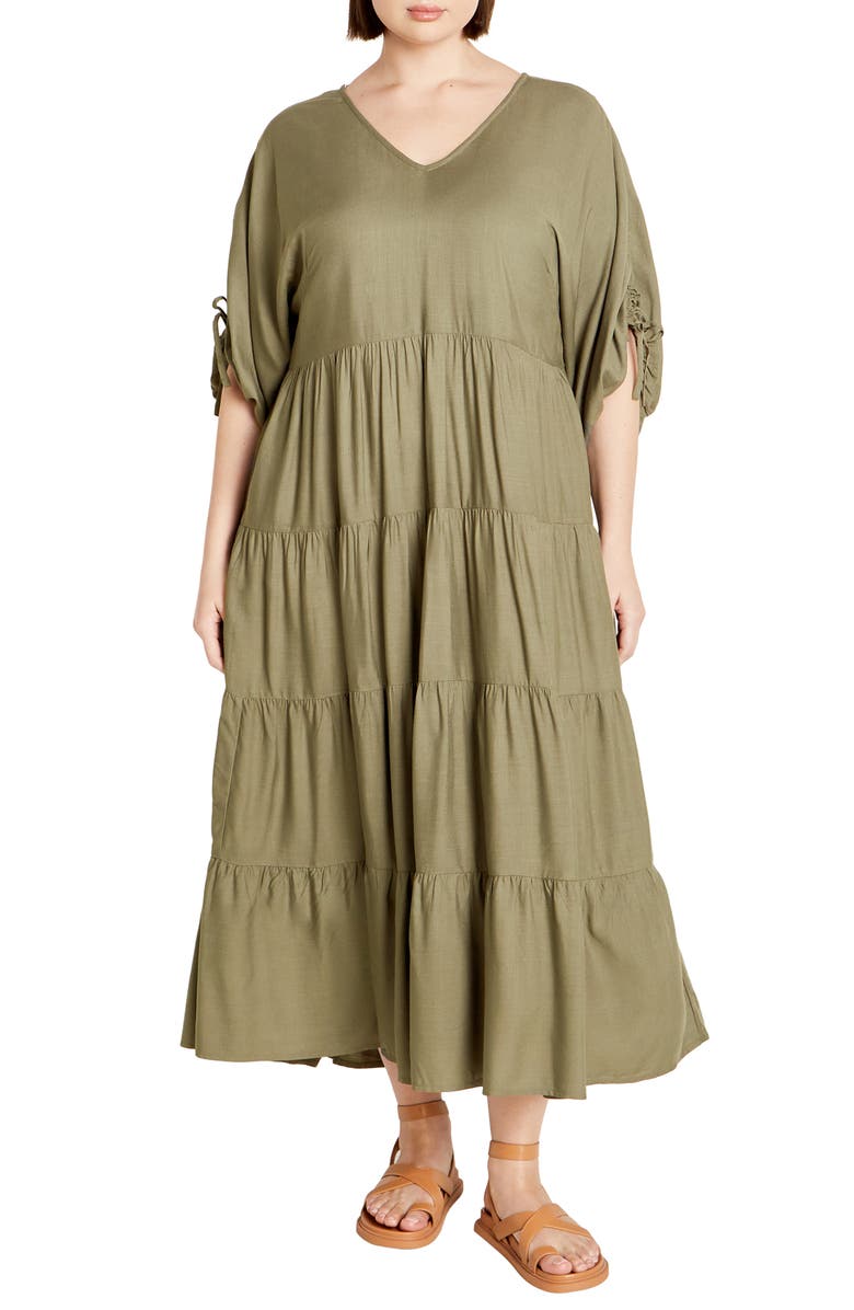 City Chic Jenna Tiered Maxi Dress, Main, color, Khaki