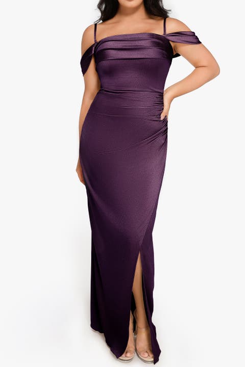 Liquid Metallic Fabric Off Shoulder Shine Ruched Sculpting Maxi Shapewear Dress