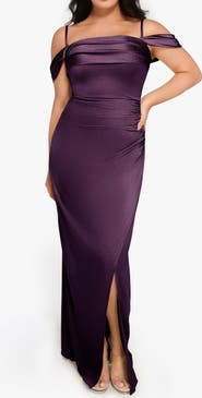 Popilush Liquid Metallic Fabric Off Shoulder Shine Ruched Sculpting Maxi Shapewear Dress