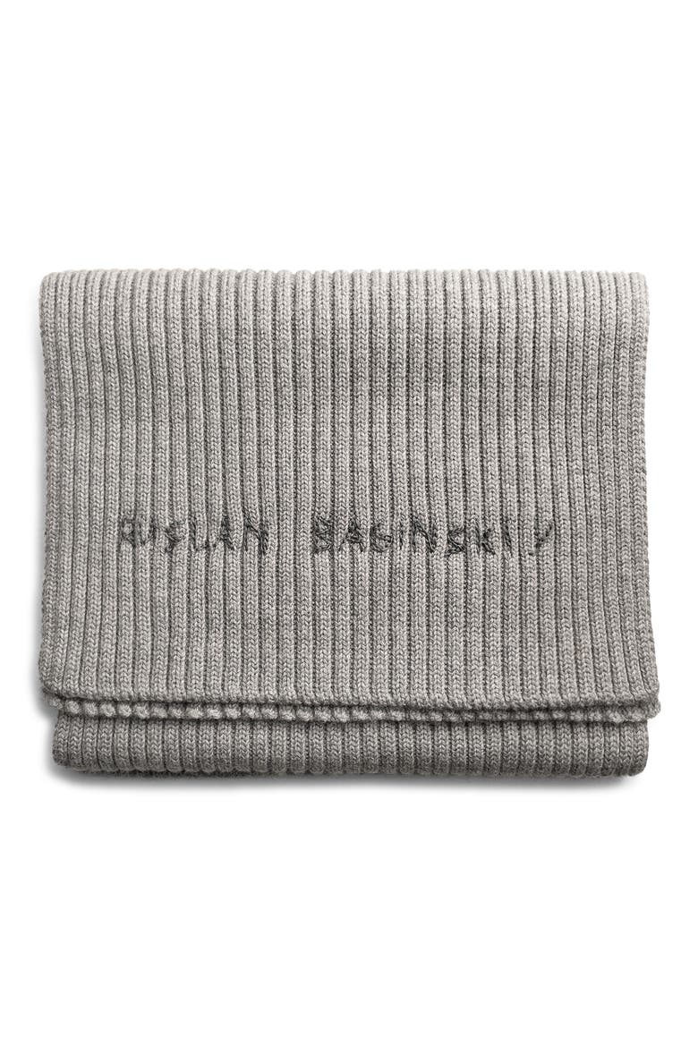 Monogram Embroidered Merino Wool Scarf, Main, color, GREY