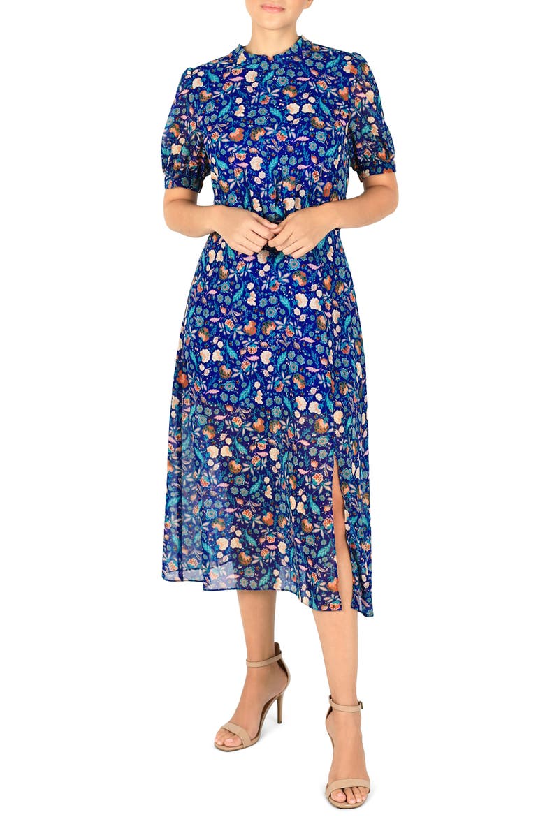 Floral Print Puff Sleeve Midi Dress, Alternate, color, NAVY MULTI