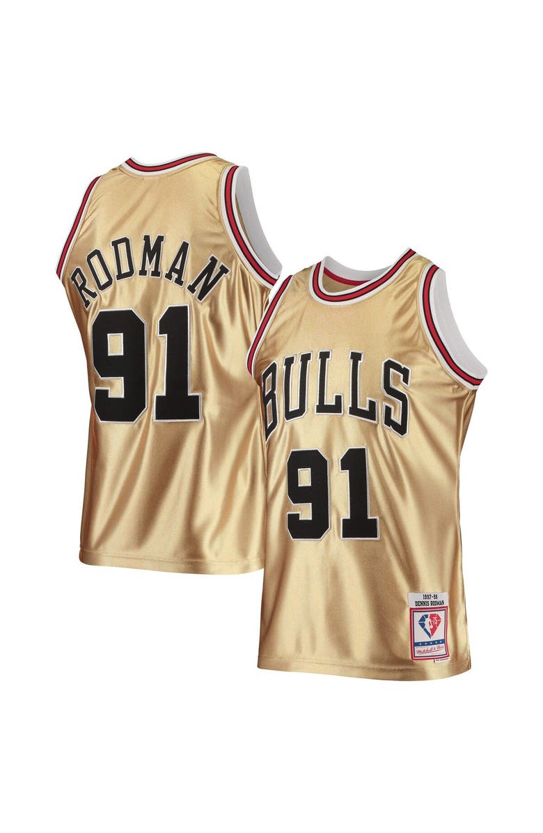 Mitchell & Ness Men's Mitchell & Ness Dennis Rodman Gold Chicago Bulls 75th Anniversary 1997-98 Hardwood Classics Swingman Jersey, Main, color, 