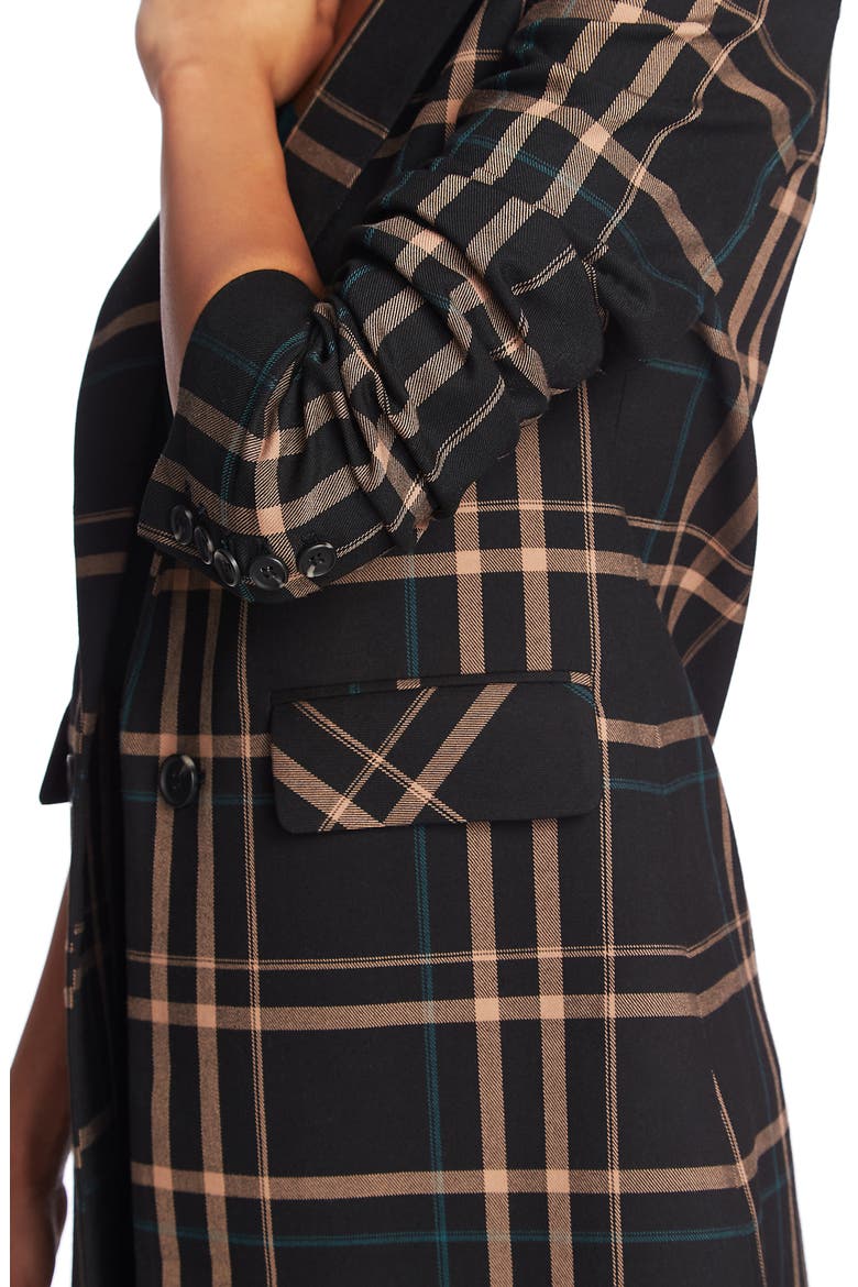 Dynamite Plaid Ruched Sleeve Blazer, Alternate, color, RICH BLACK