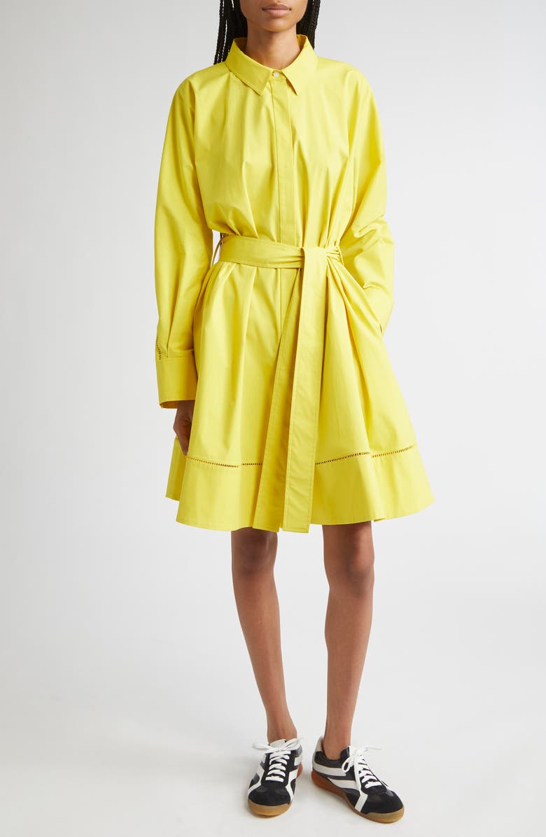 Proenza Schouler Sammy Long Sleeve Belted Stretch Cotton Poplin Shirtdress, Main, color, Yellow