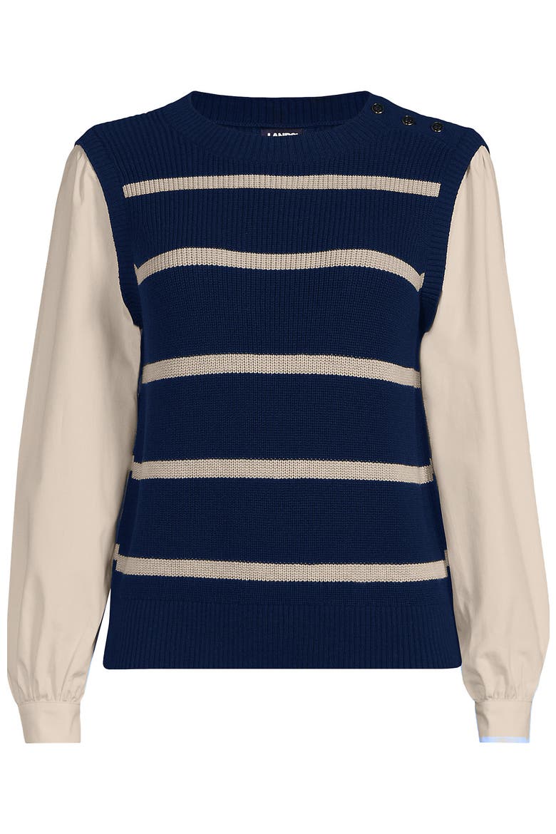 Drifter Shaker Button Shoulder Sweater Vest with Poplin Sleeves, Alternate, color, Deep Sea Navy/Champagne Stripe