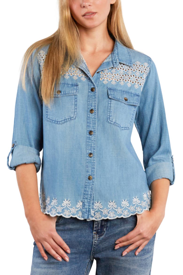 Eyelet Butterfly Button-Up Shirt, Alternate, color, WASHED DENIM
