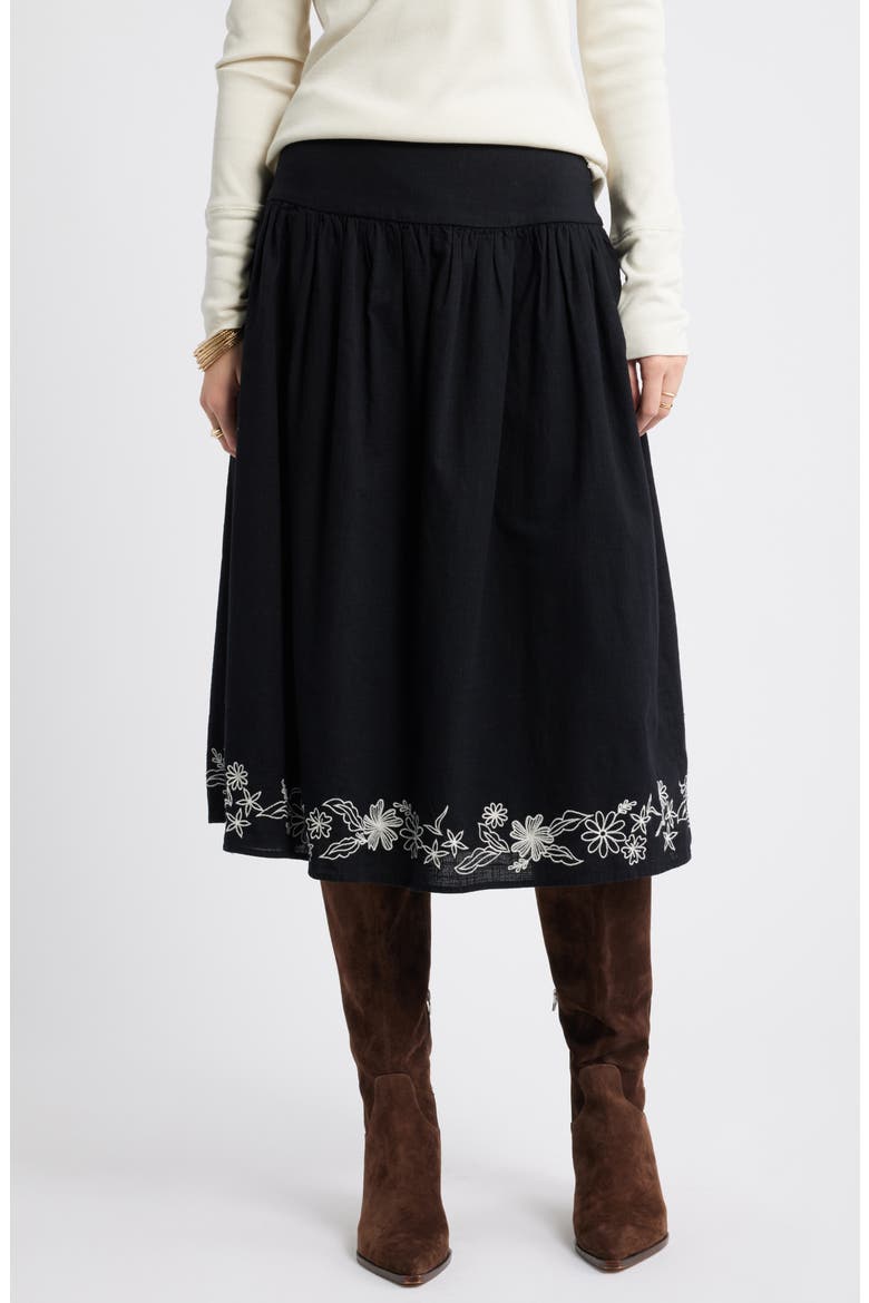 Embroidered Hem Cotton Midi Skirt, Main, color, BLACK