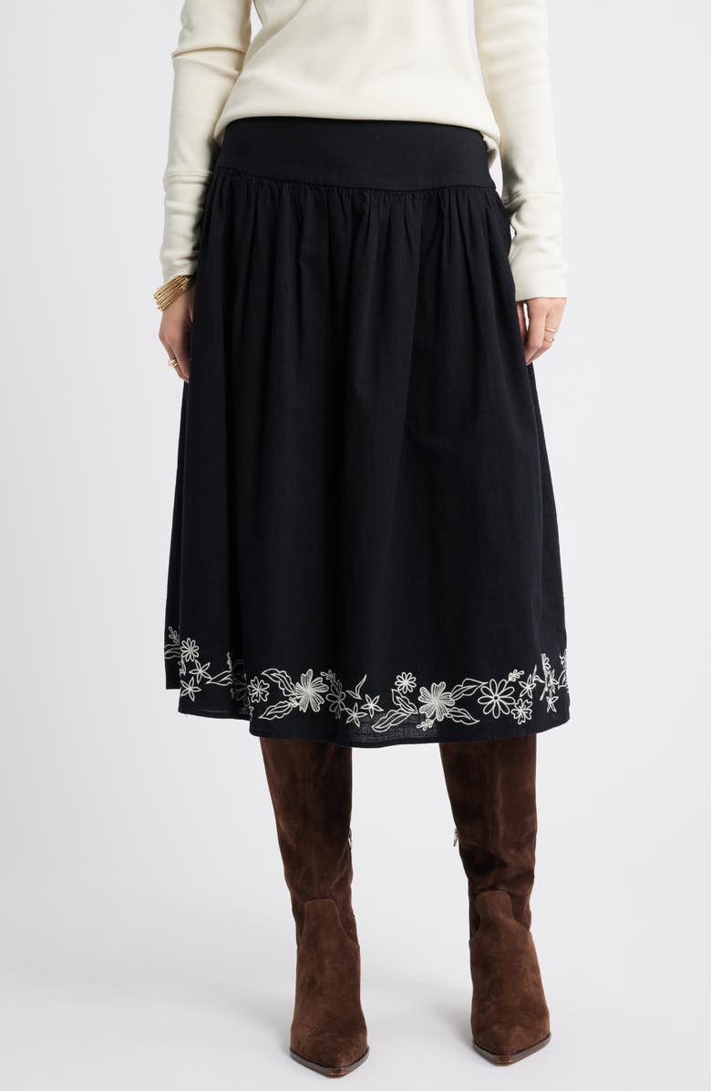 Treasure & Bond Embroidered Hem Cotton Midi Skirt, Main, color, Black