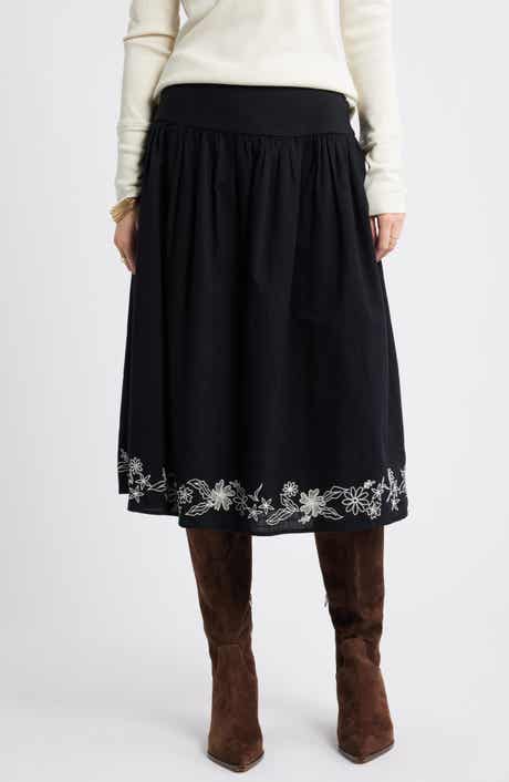 Treasure & Bond Embroidered Hem Cotton Midi Skirt