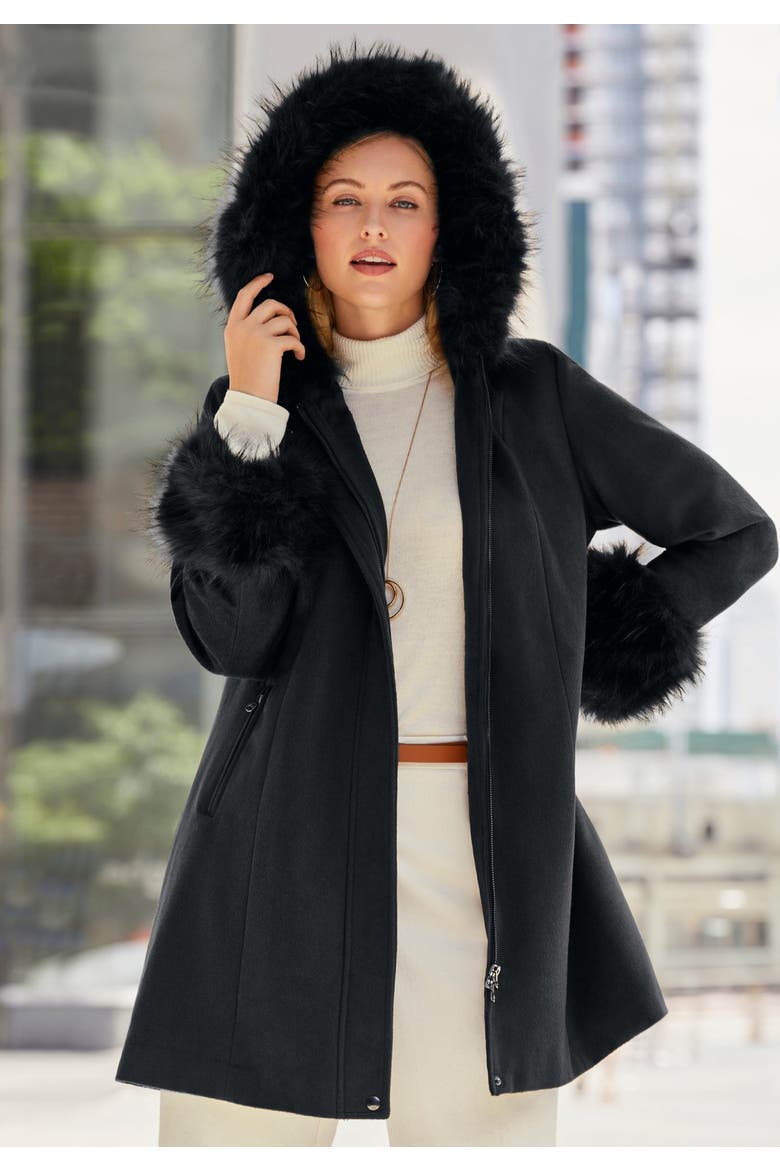 Hooded Faux Fur Trim Coat, Alternate, color, RICH BROWN