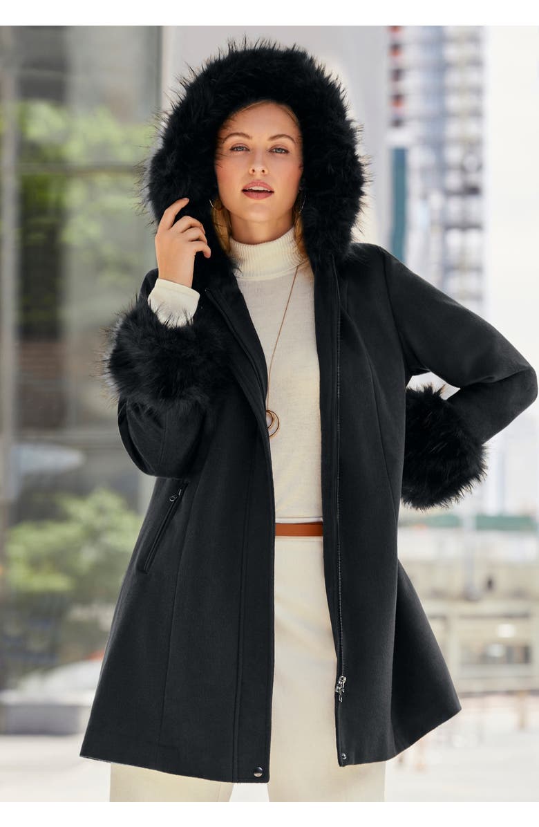 Jessica London Hooded Faux Fur Trim Coat, Alternate, color, Black
