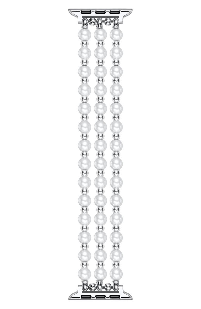 The Posh Tech Eve Beaded Faux Pearl Apple Watch<sup>®</sup> Watchband, Main, color, Silver