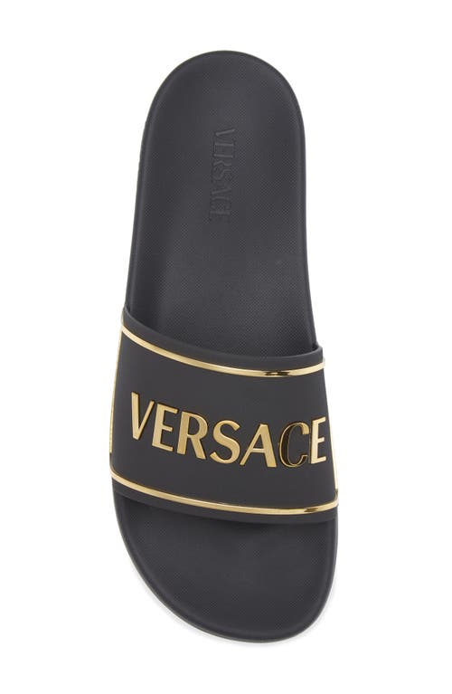 Versace Logo-embossed Slides In Black Gold