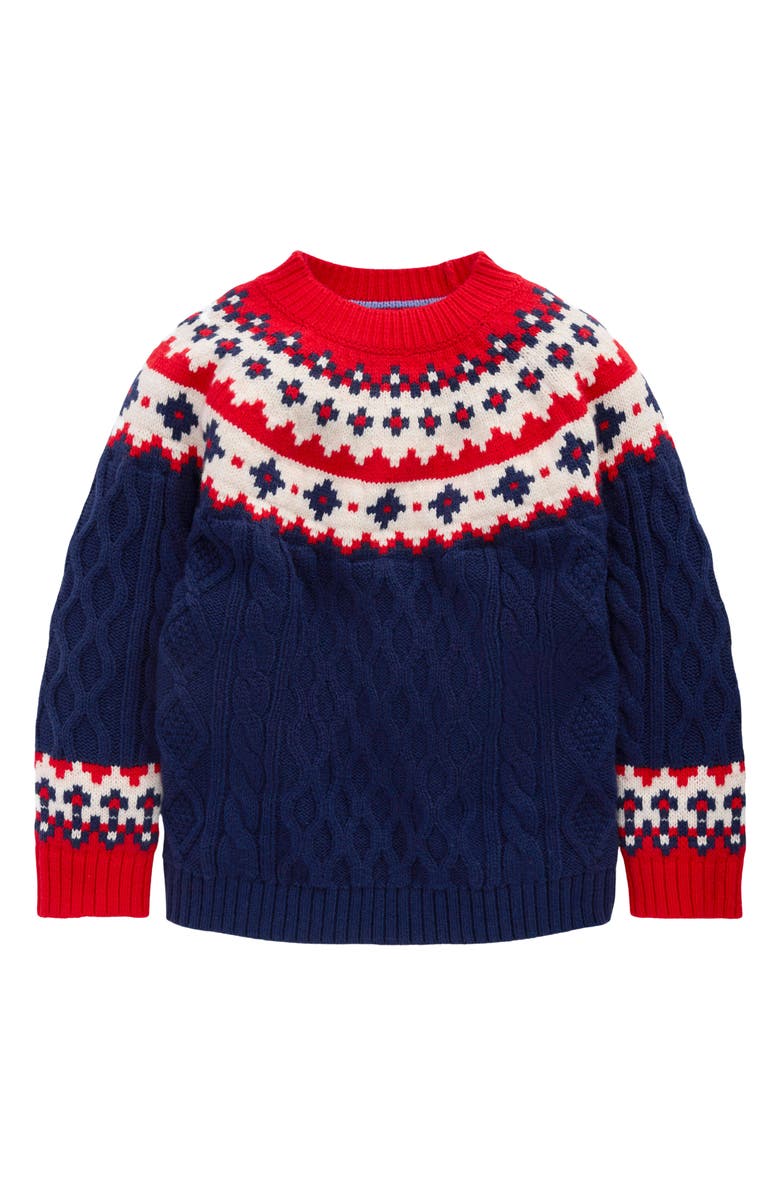 Mini Boden Kids' Fair Isle Cotton & Wool Blend Cable Sweater, Main, color, Blue