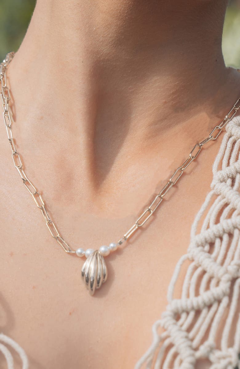 Sterling Forever Chérie Faux Pearl Shell Pendant Necklace, Alternate, color, Silver