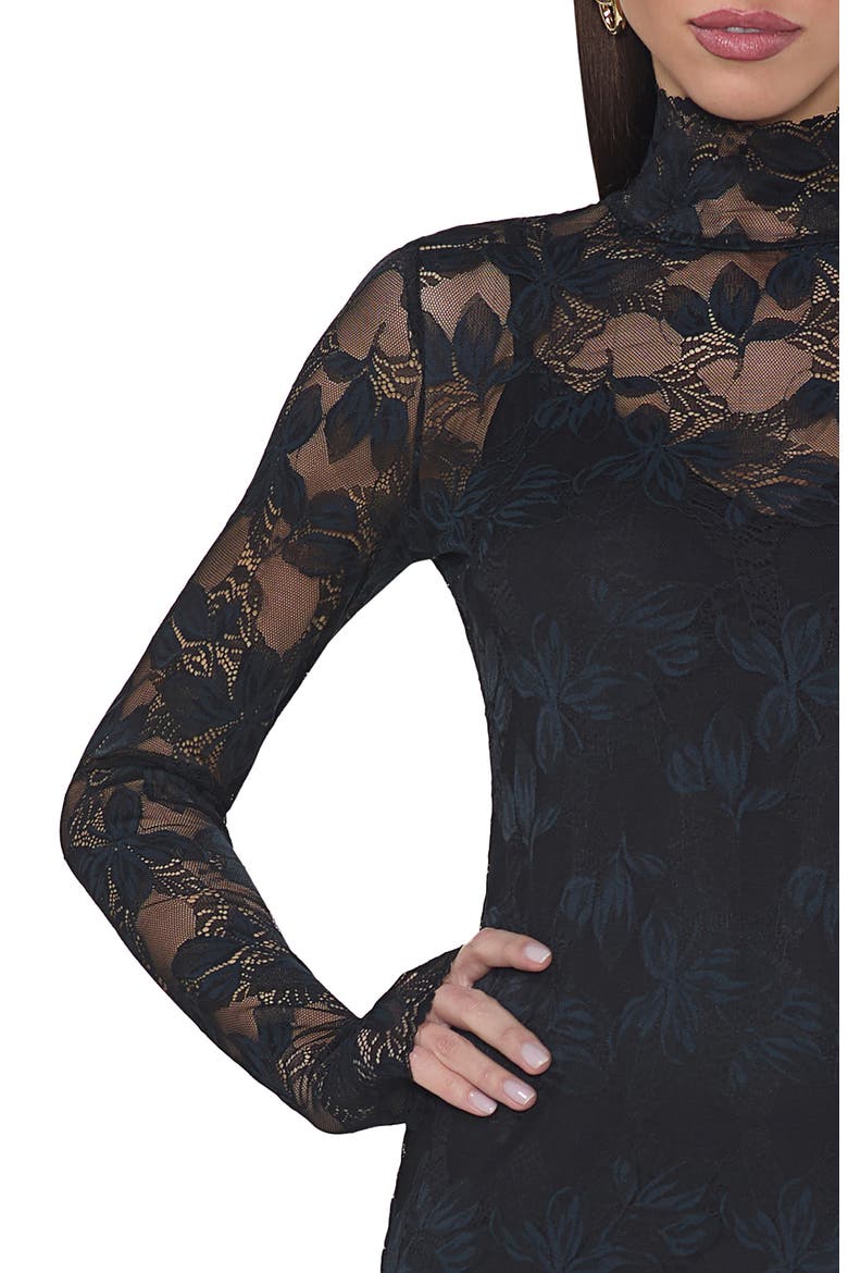 Shailene Long Sleeve Turtleneck Lace Dress, Alternate, color, NOIR