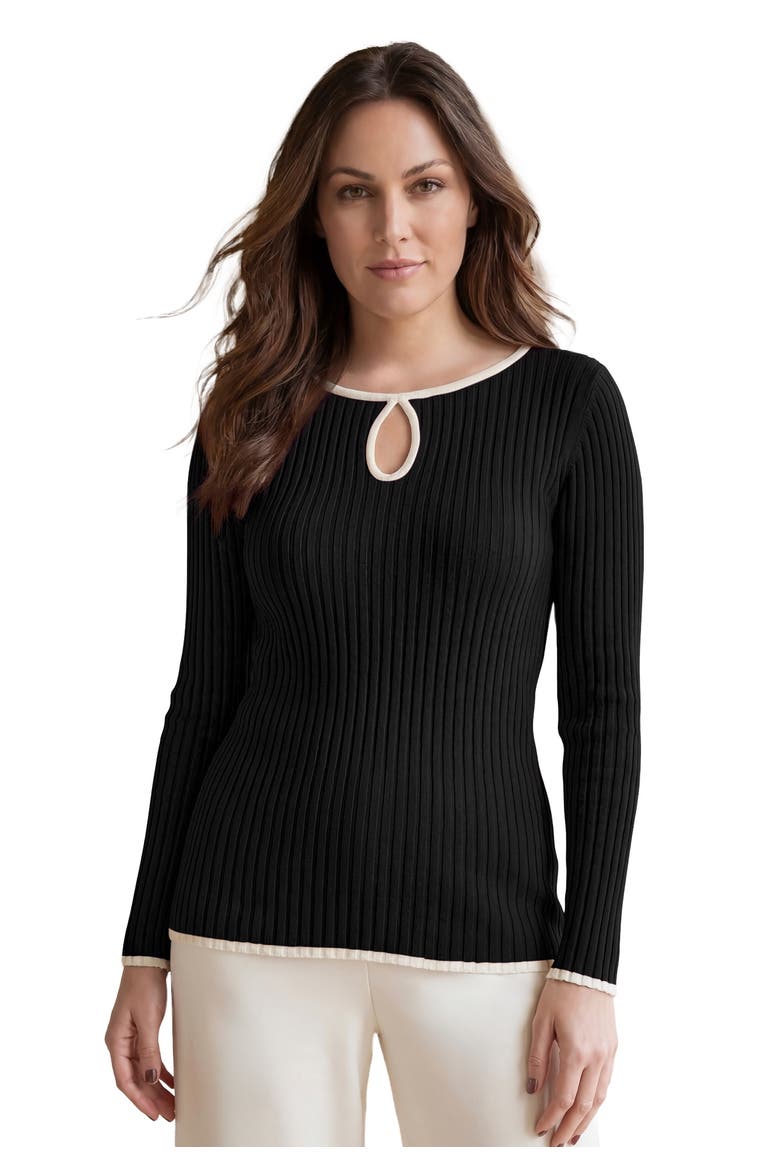 Ribbed Keyhole Pullover Sweater, Main, color, BLACK