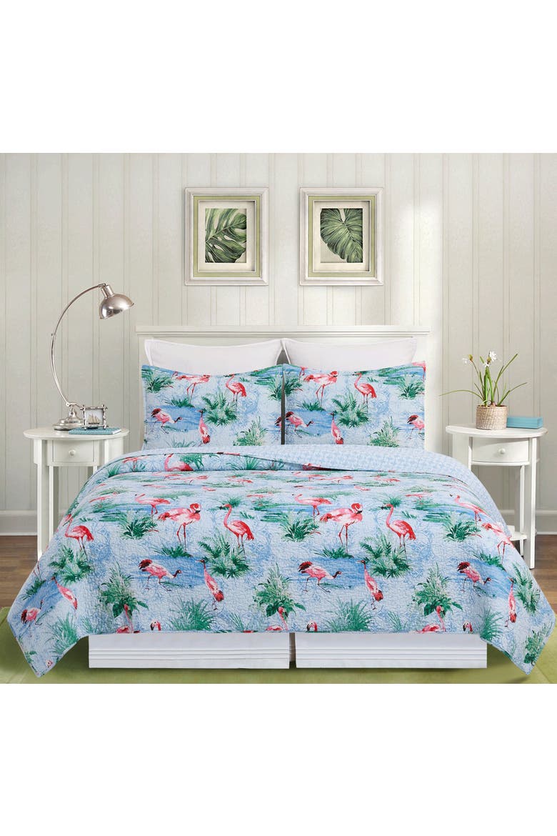 Paradise Coast Flamingo Cotton Quilt Set  - Reversible and Machine Washable, Alternate, color, Blue