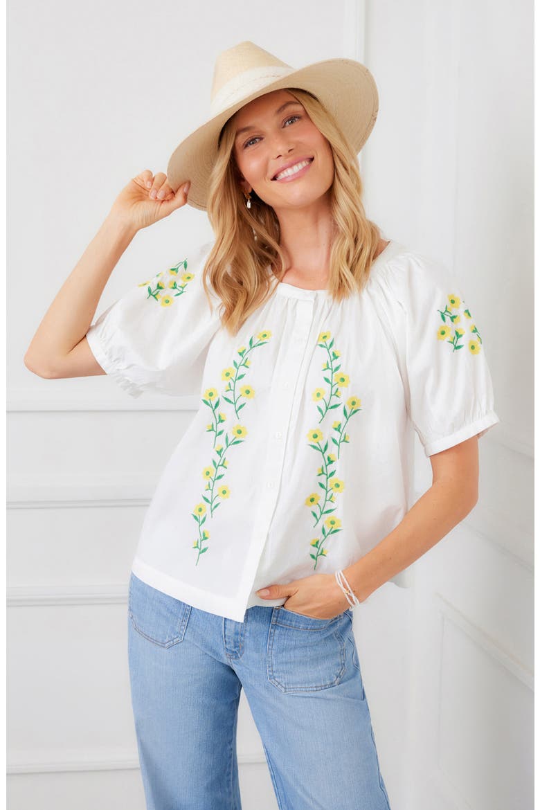 Floral Embroidered Cotton Peasant Top, Alternate, color, WHITE