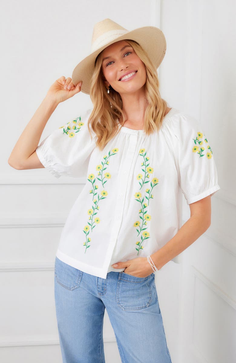 Karen Kane Floral Embroidered Cotton Peasant Top, Alternate, color, White