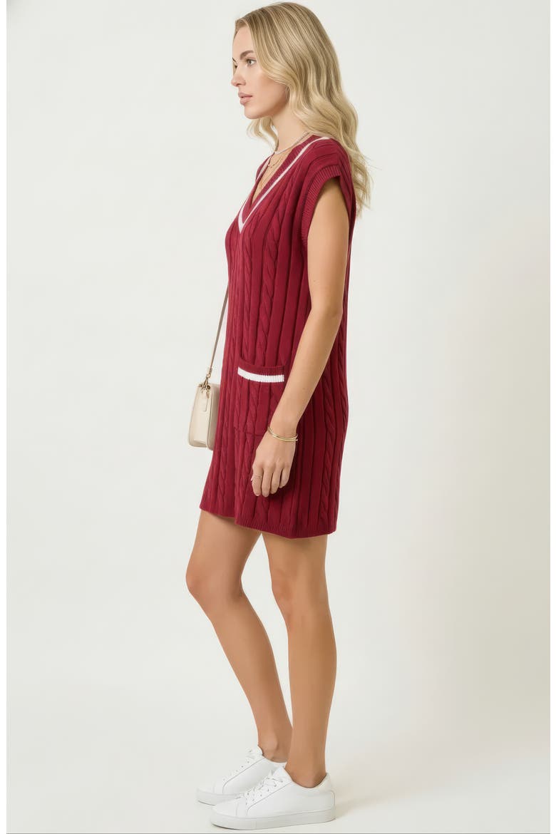 Cable-Knit Mini Sweater Dress with Pockets, Alternate, color, Burgundy