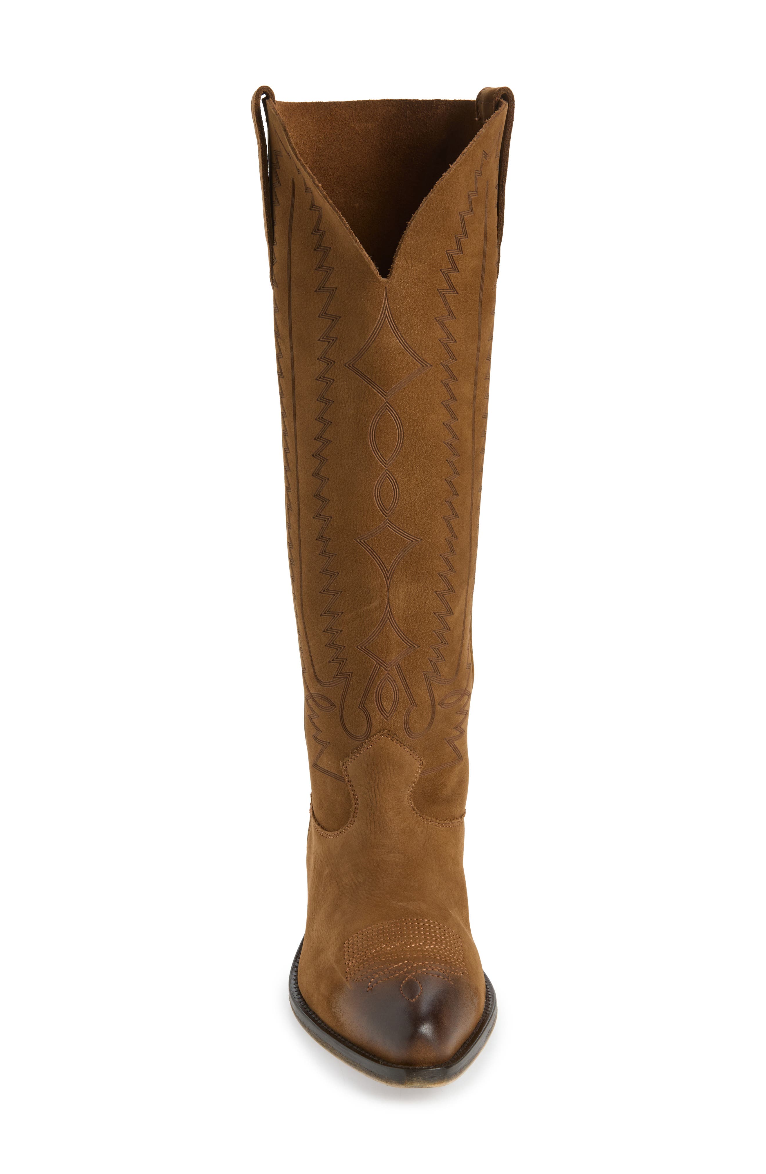 Wish Star Engraved Suede Western Boot, Alternate, color, DARK BROWN