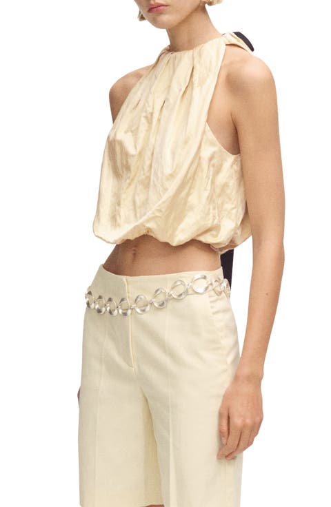 Sleeveless Ribbon Accent Metallic Bubble Hem Top