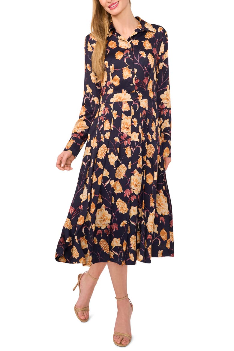 Floral Long Sleeve Midi Shirtdress, Main, color, BARITONE BLUE