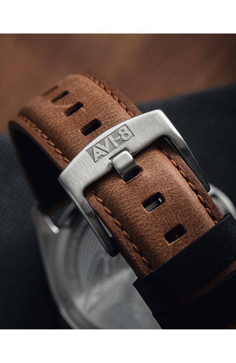 AVI-8 P-51 Mustang Blakeslee Chronograph Leather Strap Watch, 43mm, Alternate, color, Black