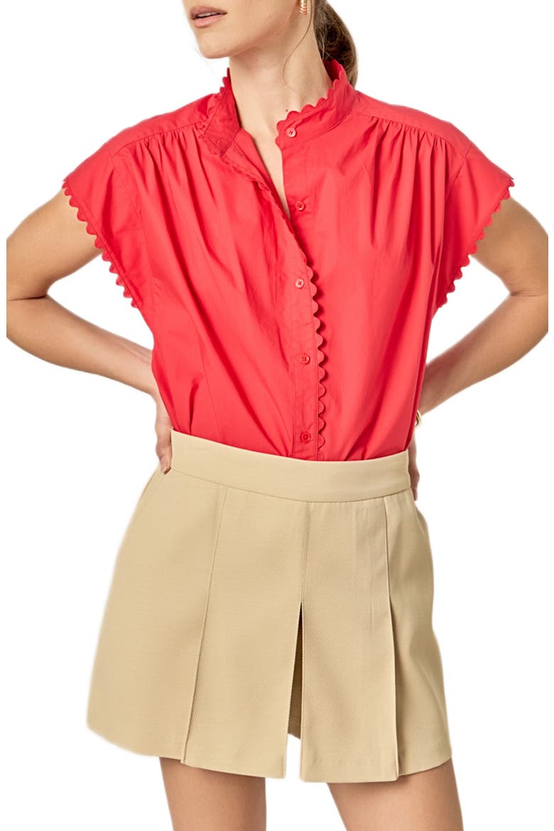 Rickrack Trim Button-Up Cotton Shirt, Main, color, RED