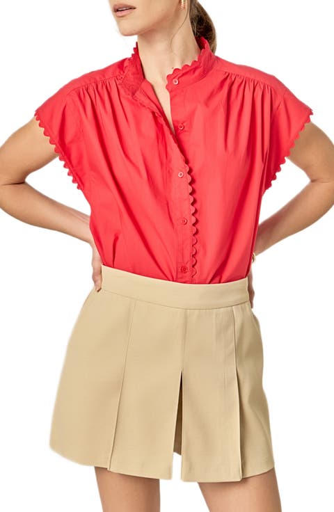 Rickrack Trim Button-Up Cotton Shirt