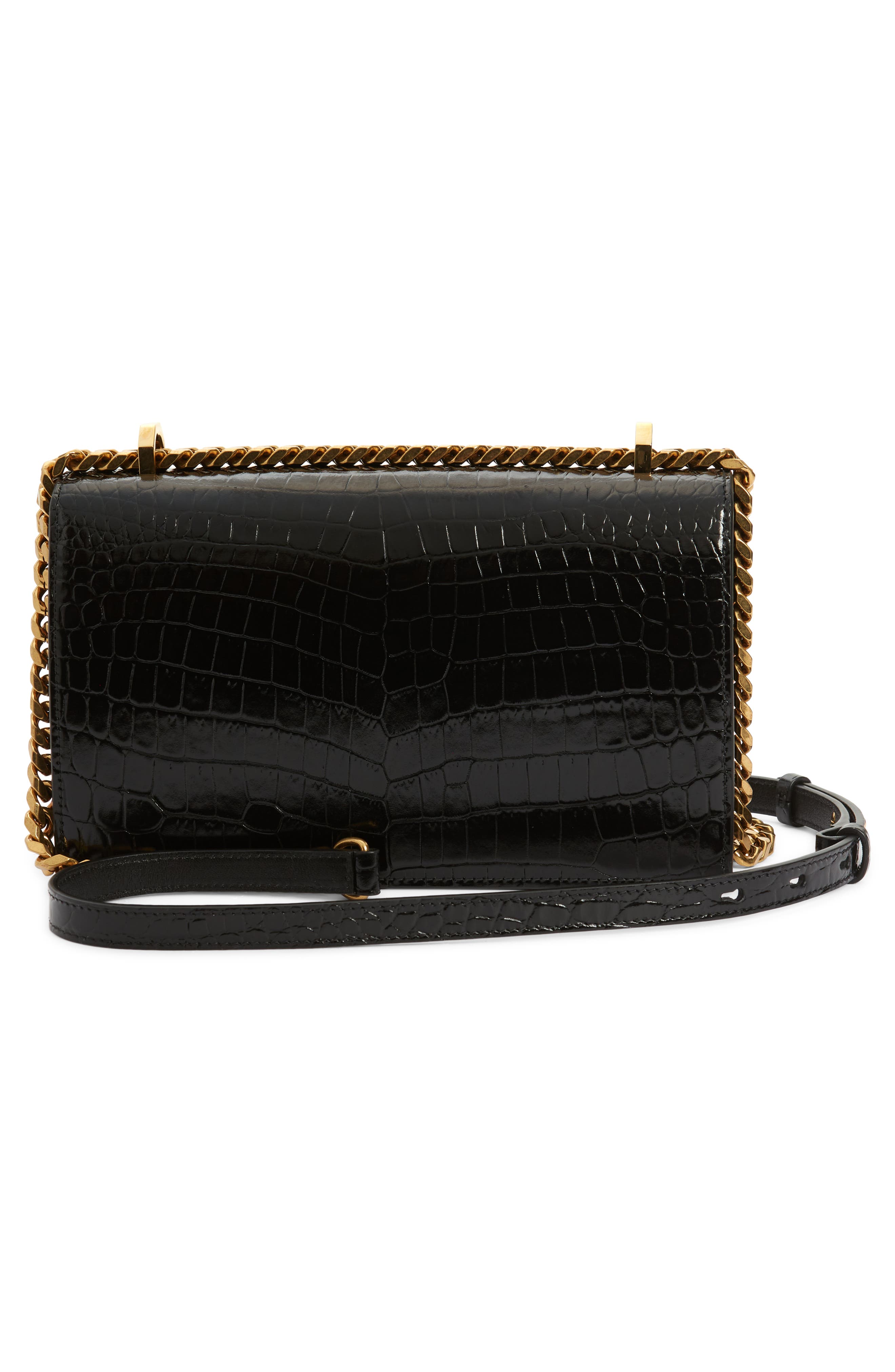 Alexander McQueen Jewelled Knuckle Croc Embossed Leather Crossbody Bag, Alternate, color, BLACK
