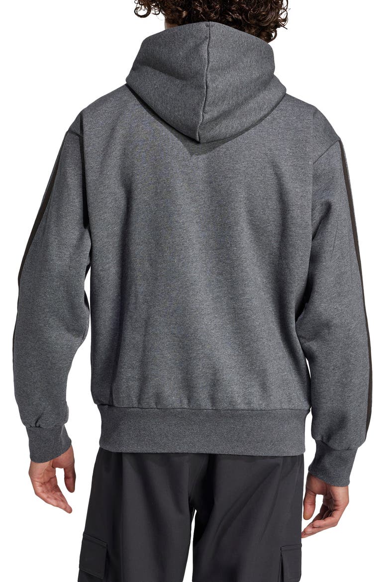 Essentials 3-Stripes Fleece Hoodie, Alternate, color, DARK GREY HEATHER/ BLACK