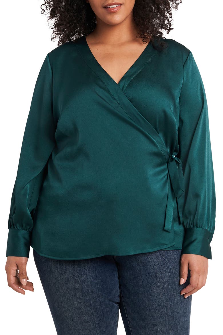 Wrap Front Long Sleeve Blouse, Main, color, DEEP EVERGREEN