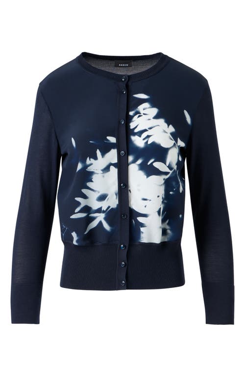 Akris Wildflower-print Silk Panel Crewneck Cardigan In Blue