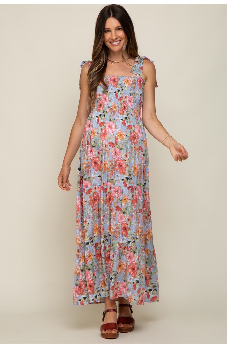 PinkBlush Floral Smocked Shoulder Tie Tiered Maxi Dress, Alternate, color, Light Blue