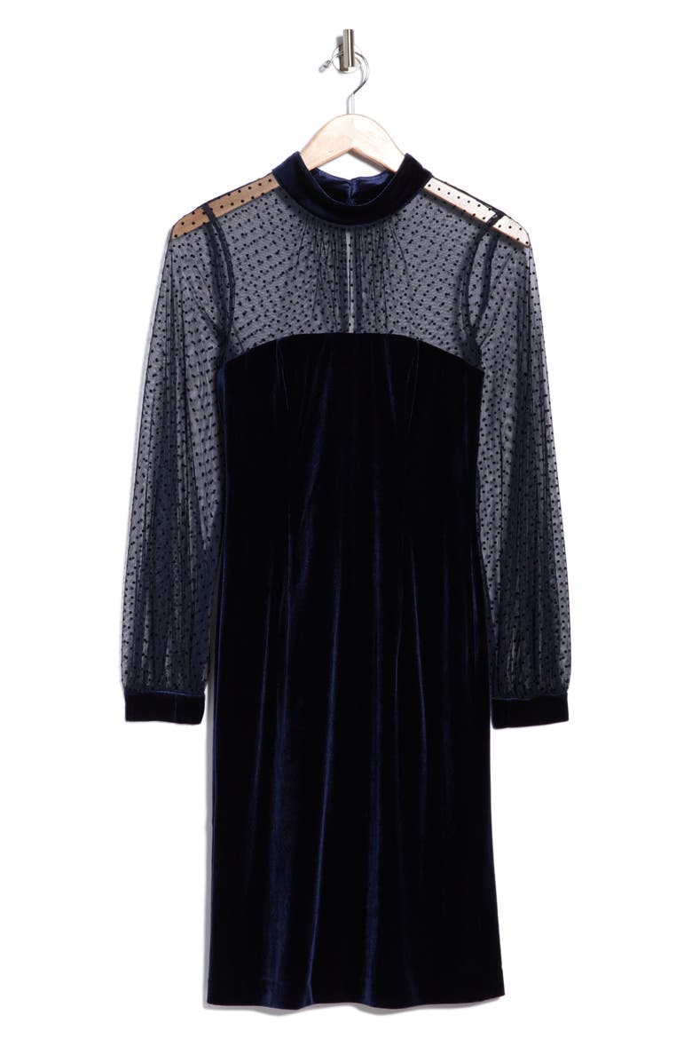 Flocked Long Sleeve Velvet Sheath Dress, Alternate, color, NAVY