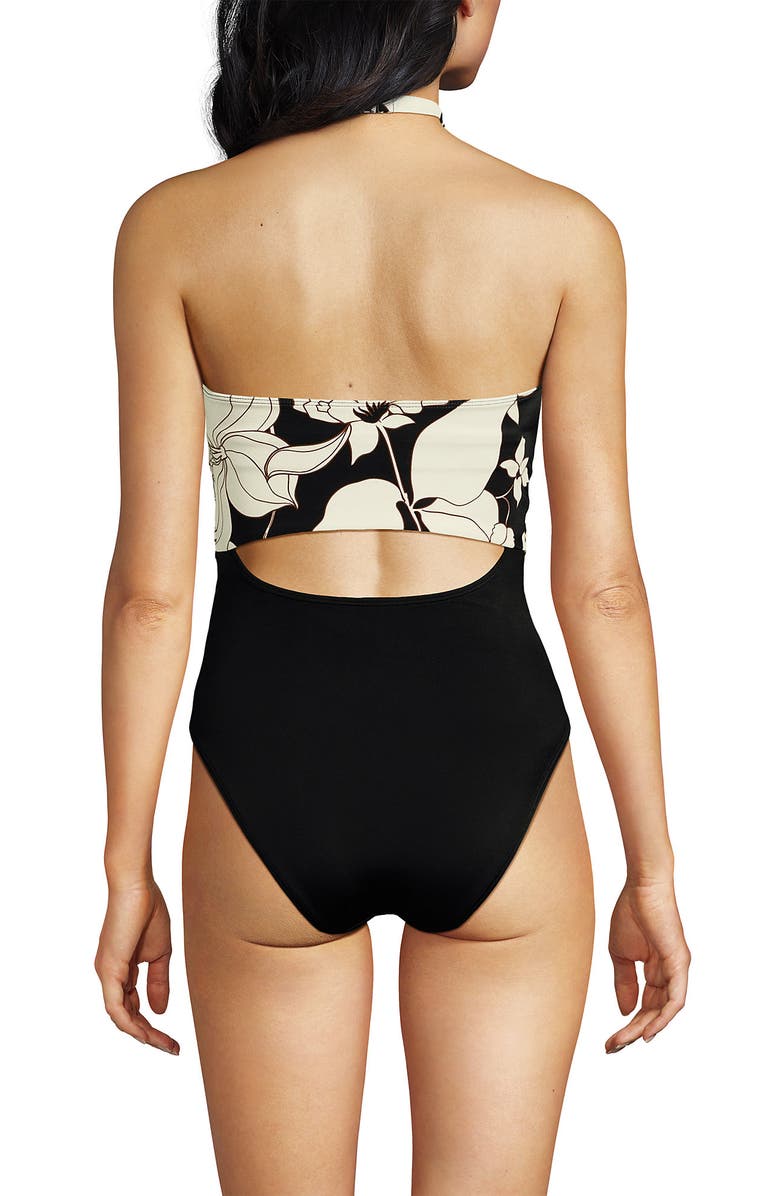 Lands' End Tugless Halter Monokini High Leg One Piece Swimsuit, Alternate, color, Black/Egret Lilies