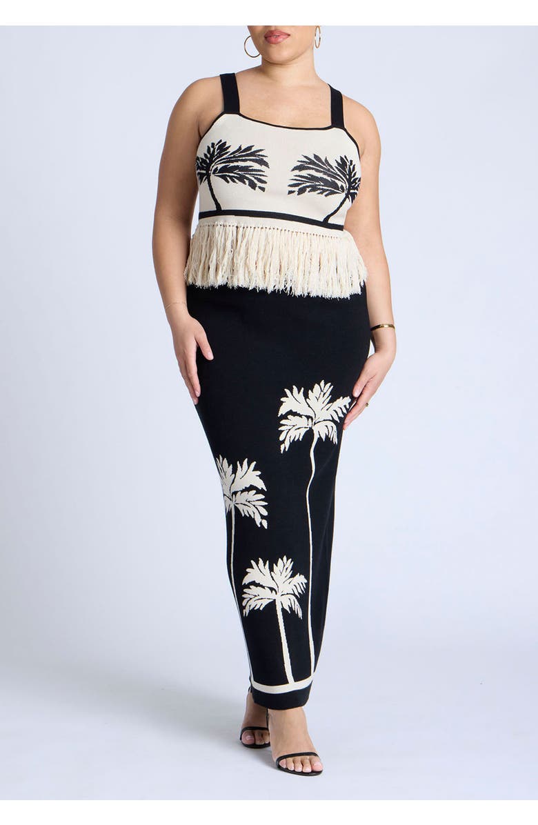 ELOQUII Fringe Crop Top, Alternate, color, Black White Trio Palm