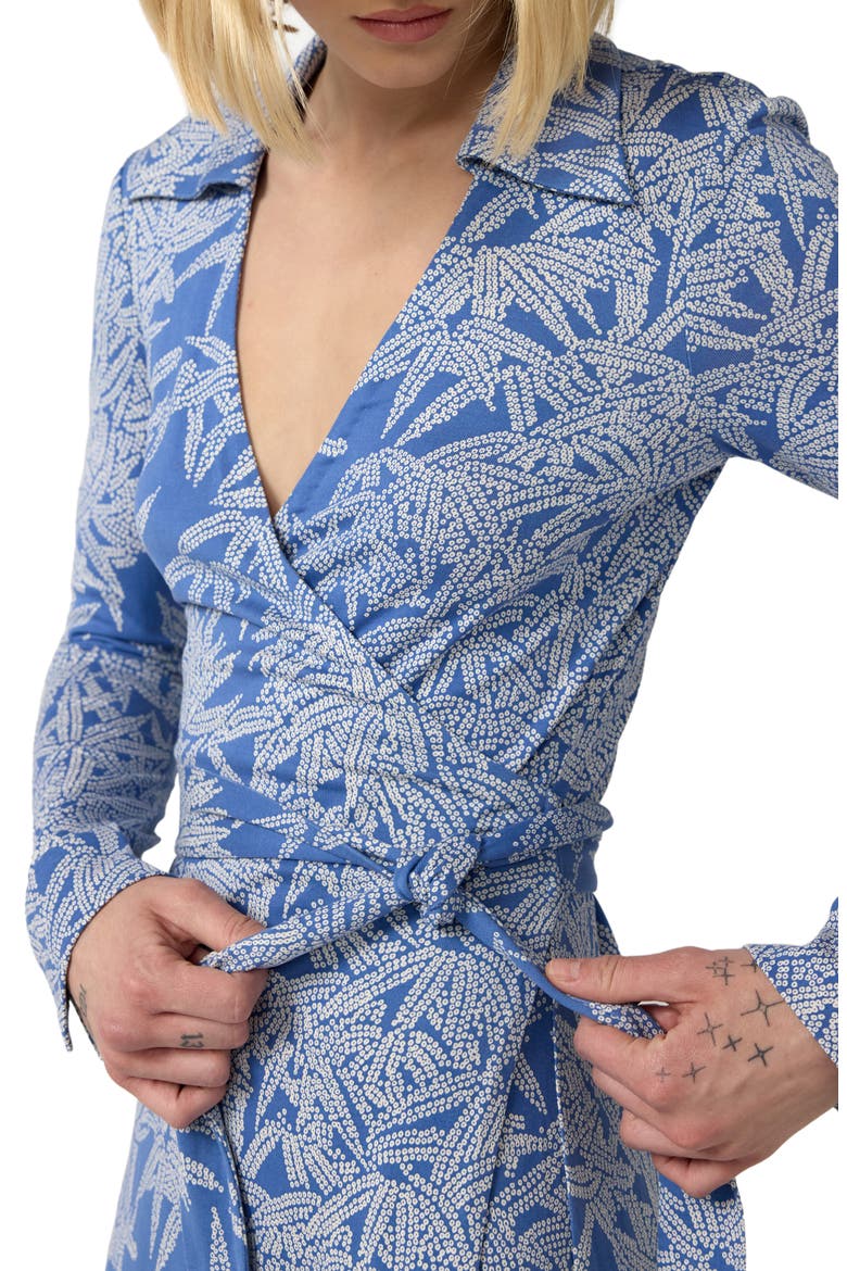New Jeanne Leaf Print Long Sleeve Silk Wrap Dress, Alternate, color, FUJI DUSK BLUE