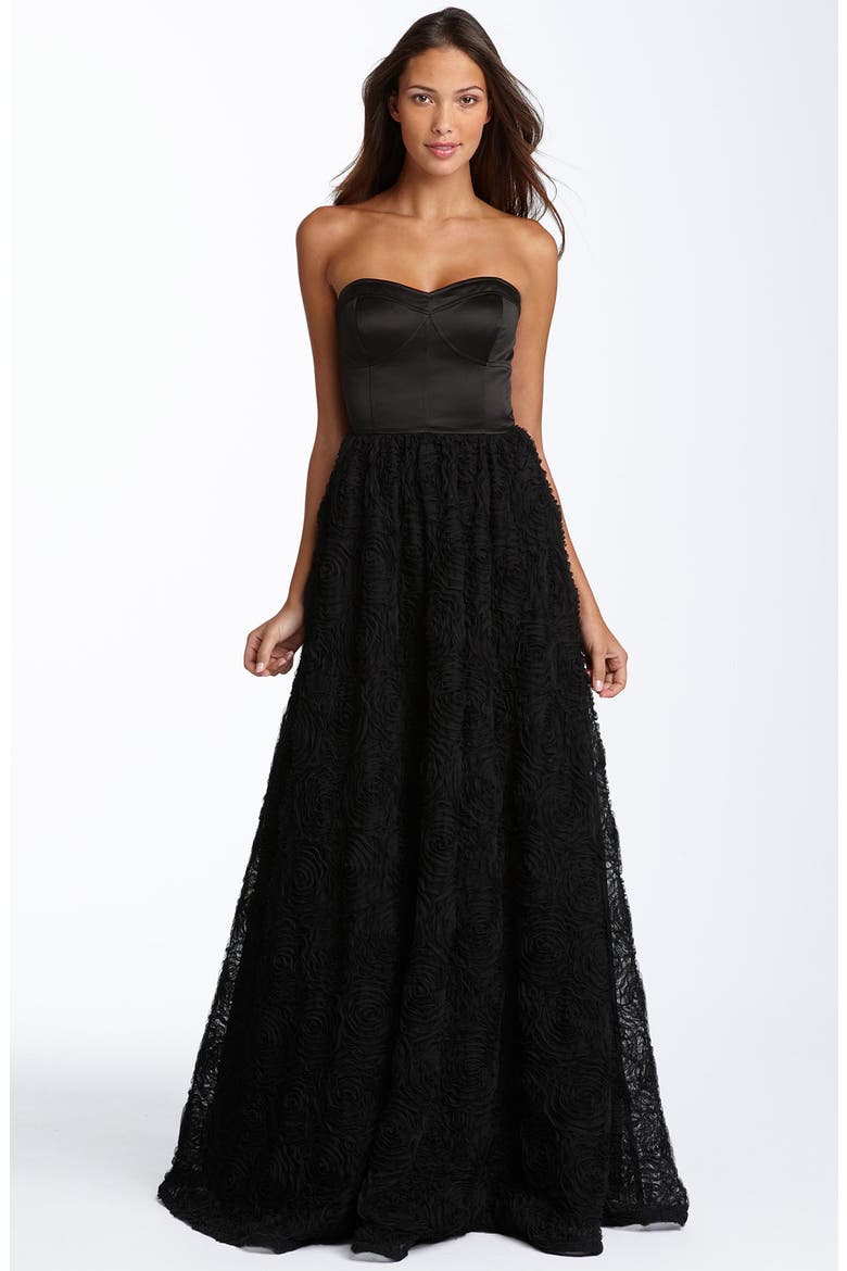 Strapless Rosette Ball Gown, Main, color, BLACK